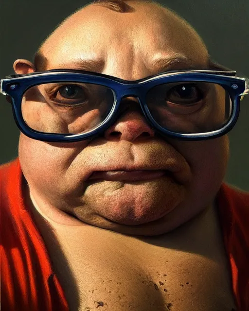 Prompt: hyper realistic oil painting of a fat toad!! wearing anachrome! glasses in the cinema, bucket of popcorn, vibrant colors, high contrast, by greg rutkowski, trending on artstation