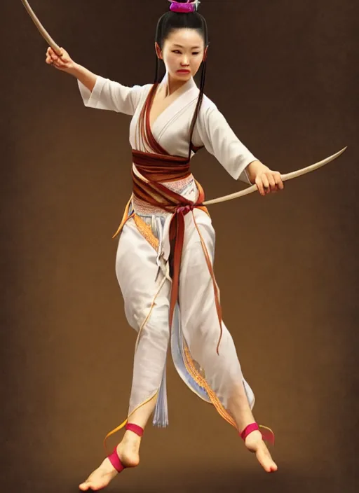 Prompt: a barefoot female dancer using a silk belt as weapon by wlop, wuxia, xianxia, barefoot, tanned skin, athletic, vivacious, absurdly beautiful, hanfu, fully clothed, chinese ribbon dance, silk belt, detailed, realistic, anatomically accurate, artstation, wlop, wang liang.