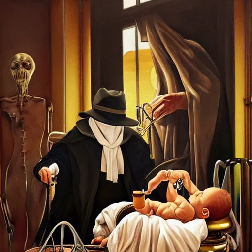 Image similar to hyper realistic painting of a handsome man symmetrical, sitting in a gilded throne, tubes coming out of the man's arm, getting a blood transfusion from a baby. plague doctor in the background created by wes andersson