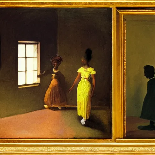 Prompt: a black girl in a gold haunted liminal room, vintage photo by goya, idea by balthus, colors by pontormo, lights by hopper, extreme detail, liminal aesthetic, background art nouveau,