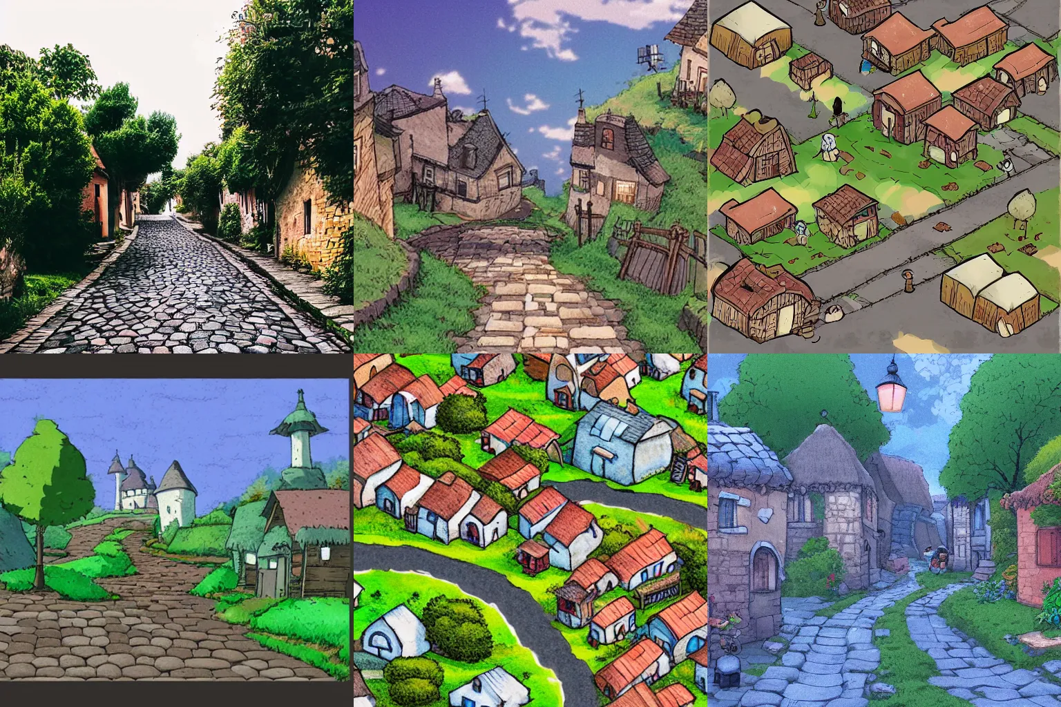 Prompt: Small village with cobblestone roads in the style of Hayao Miyazaki