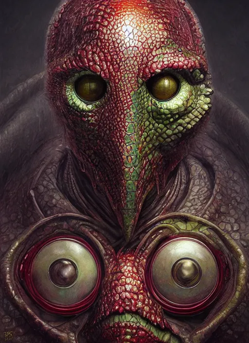 Image similar to raspberry mf doom reptile eyes, metal raspberry skin. intricate, elegant juice, highly detailed, centered, digital painting, artstation, concept art, smooth, sharp focus, illustration, artgerm, tomasz alen kopera, peter mohrbacher, donato giancola, joseph christian leyendecker, wlop, frank frazetta