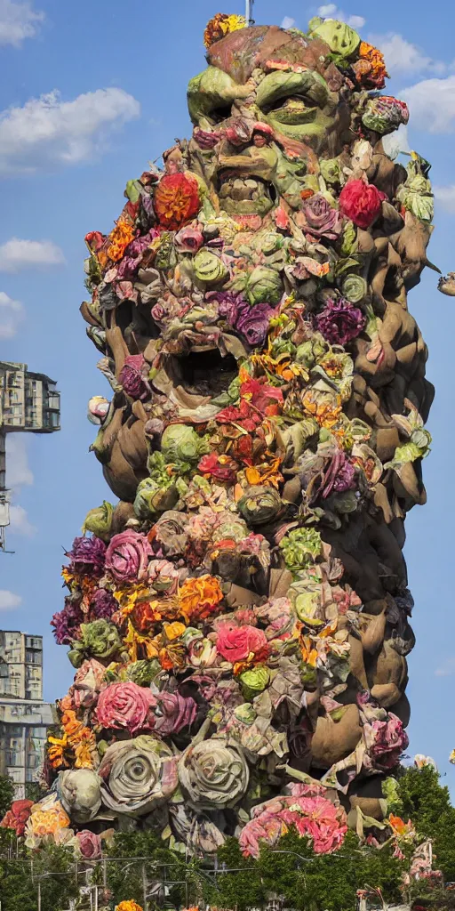 Image similar to colossal grotesque flower statue made from Lenin heads and colorful alien flowers in the middle of abandoned early soviet constructivist cityscape, Stalinist architecture, ultradetailed by Hayao Miyazaki and Josan Gonzalez and Makoto Shinkai and Giuseppe Arcimboldo and Wes Anderson