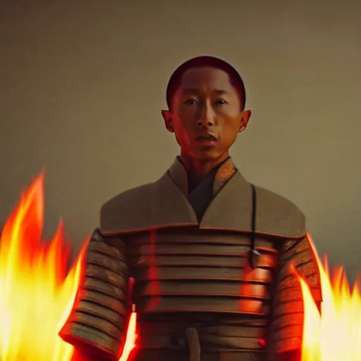 Image similar to cinematic film still Pharrell Williams starring as a Samurai holding fire, Japanese CGI, VFX, 2003, 40mm lens, shallow depth of field,film photography