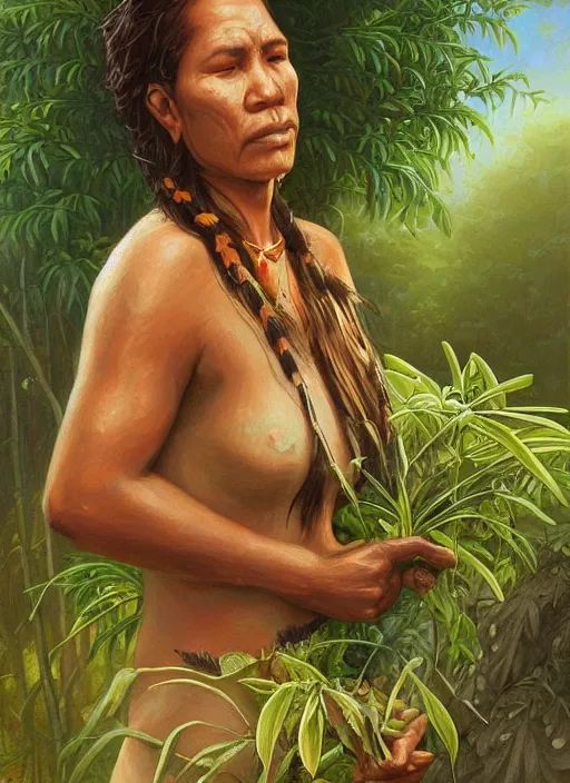 Image similar to a beautiful close up portrait of an indigenous woman harvesting medicinal plants in the jungle, highly detailed, art by christophe vacher