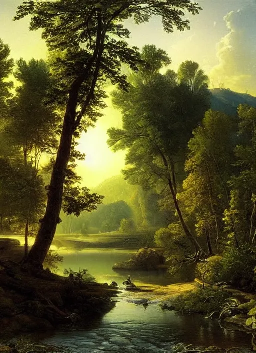 Prompt: the morning river, god light shafts, sunlit rock, stunning atmosphere, nature art by asher brown durand, inspired by ivan shishkin