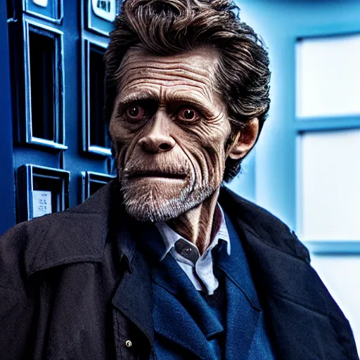 Image similar to willem dafoe as a rough dirty old man with a scruffy beard in a dark blue trenchcoat as the new doctor who, cinematic, volumetric lighting, f 8 aperture, cinematic eastman 5 3 8 4 film, photorealistic