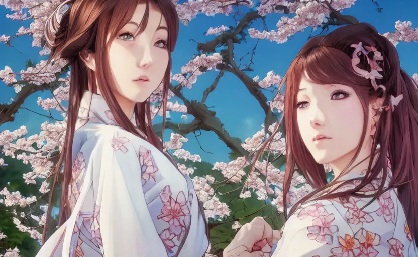 Image similar to side portrait of a girl walking, sakura tree in background, yukata clothing, battlefield in background, anime style, shoulder eyes, hair down, symmetrical facial features, from arknights, hyper realistic, 4 k, extreme detail, detailed drawing, trending artstation, realistic lighting, by alphonse mucha, greg rutkowski, sharp focus, backlit