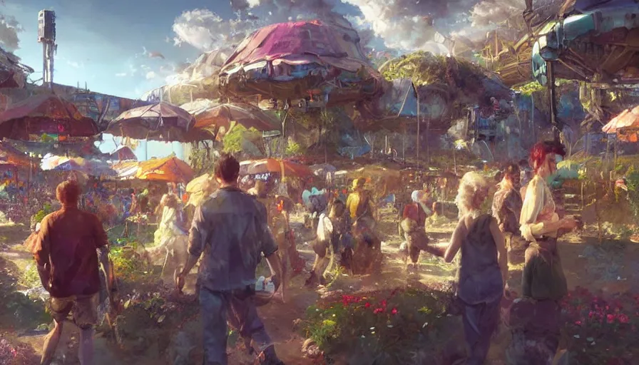 Prompt: craig mullins and ghibli digital illustration of solarpunk farmers market festival under a force field, scifi, colorful, unreal engine, hyper realism, realistic shading, cinematic composition, realistic render, octane render, detailed textures, photorealistic, wide shot