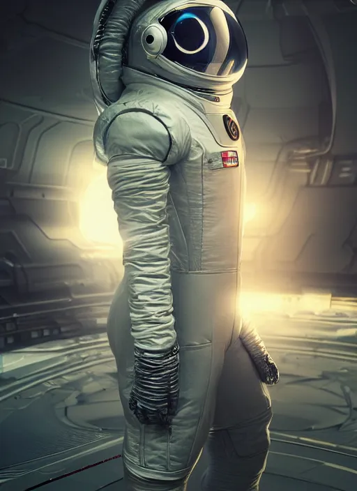 Image similar to A futuristic astronaut, artistic pose, cinematic shot, intricate, ornate, photorealistic, ultra detailed, realistic, 100mm, photography, octane, high definition, depth of field, bokeh, 8k, artstation