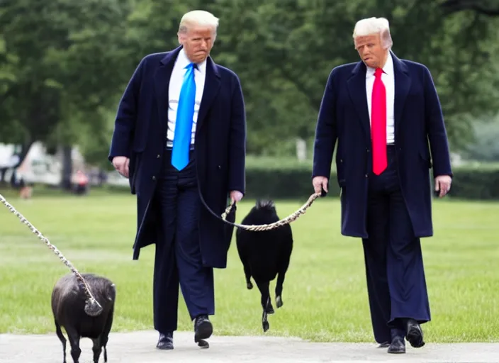 Image similar to a press photo of Donald trump walking his pet water buffalo on a leash outside the White House