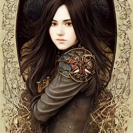 Image similar to Masterpiece head and shoulders portrait of a female Kazuto Kirigaya Kirito, young woman with brown long hair and bangs and wearing a long black coat breast-armor showing through, face, fantasy, intricate, elegant, highly detailed drawn by Donato Giancola and Fernanda Suarez and Artem Demura, face by Artgerm and Edmund Leighton, Alphonse Mucha, background by James Jean and Gustav Klimt, 4k, porcelain skin, komorebi, french nouveau, trending on pixiv, octane render, hyperrealistic