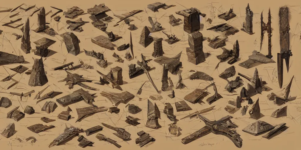 Image similar to schematic diagram of axes, dwarven, weapons, built, book, page, detailed, cross section, trending on artstation, cgsociety, Ralph McQuarrie and Greg Rutkowski