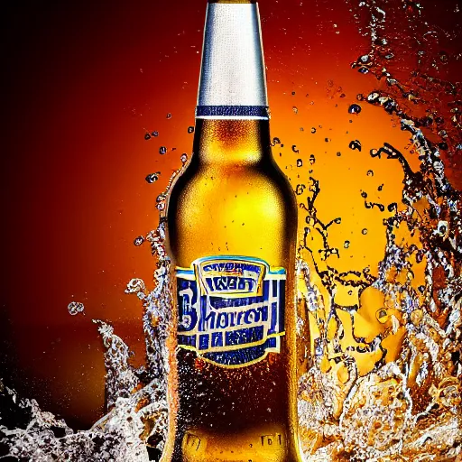 Image similar to a photo of a bottle of beer, product photo, splashes of liquid, energetic, delicate by marcel christ