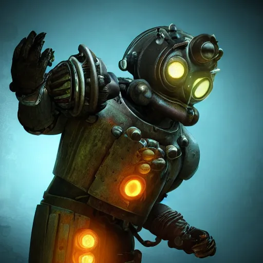 Image similar to isaac clarke as a bioshock big daddy, unreal engine 5, bioshock deadspace, high detail 3 d render,