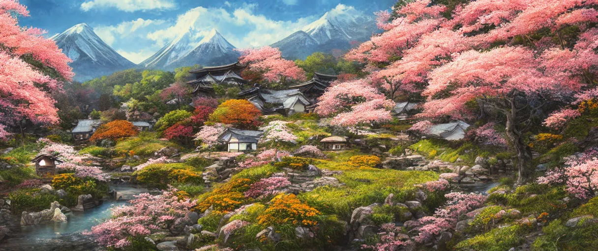 Image similar to a highly detailed, 4 k, alpine landscape with a cottage, dense sakura trees, fall, rural japan, new pixiv artist,