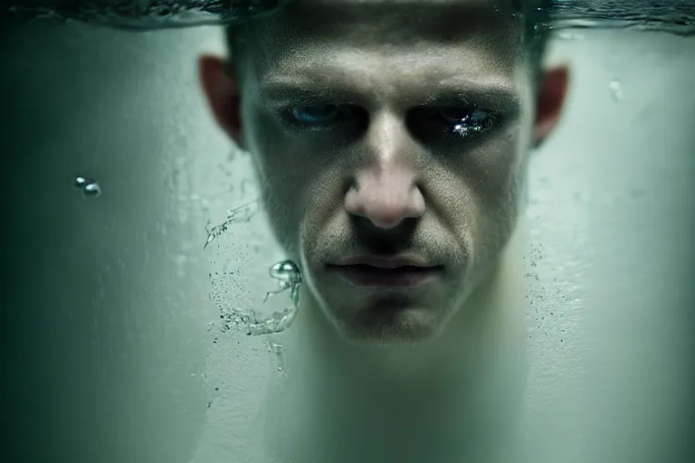 Prompt: an ultra realistic, cinematic, fantasy, portrait, of a prisoner, face in water, dramatic, soft light, dreamy, facial features, stood in a cell, with prison clothing, detailed, deep focus, movie still, dramatic lighting, ray tracing, by michal karcz and yoshitaka amano