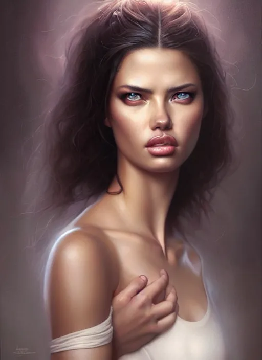 Prompt: a beautiful woman with nurse uniform, adriana lima, painted by artgerm and tom bagshaw, fantasy art, dramatic lighting, highly detailed oil painting