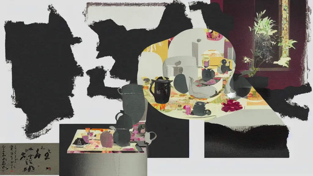 Image similar to a small tea setting, japan, a collage painting, in the style of wes anderson, lola dupre, david hockney, isolated on negative white space background dark monochrome neon spraypaint accents volumetric octane render