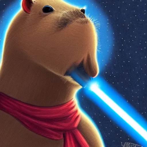 Prompt: an illustration of a capybara wearing a sith robe and holding a lightsaber, Digital art