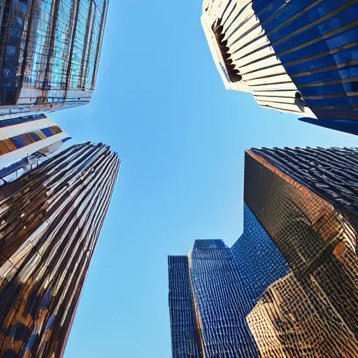 Prompt: looking up into the sky, first person view, surrounded by sky scrapers, shadows, large unidentified flying craft, golden hour