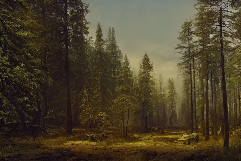 Image similar to A beautiful painting of russian village in dark forest by ivan shishkin and arkhip kuindji, trending on artstation,matte painting