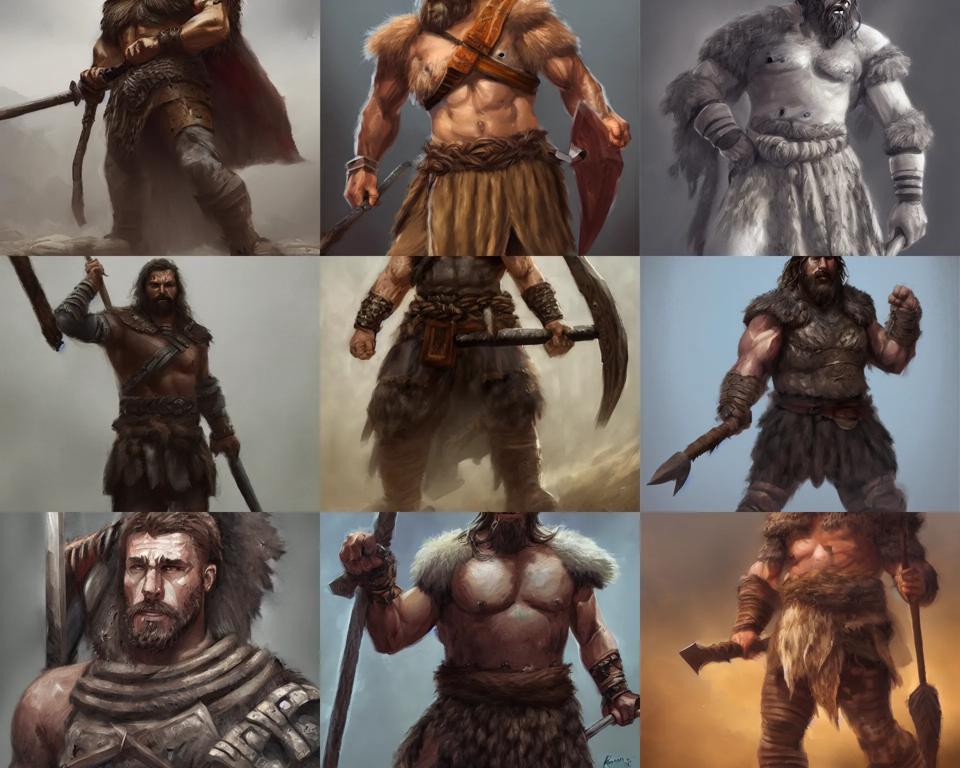 Prompt: a full body portrait oil painting illustration of one stoic barbarian man by Justin Sweet, d&d, rpg, forgotten realms, artstation trending, high quality, sombre mood, muted colours, no crop, entire character,