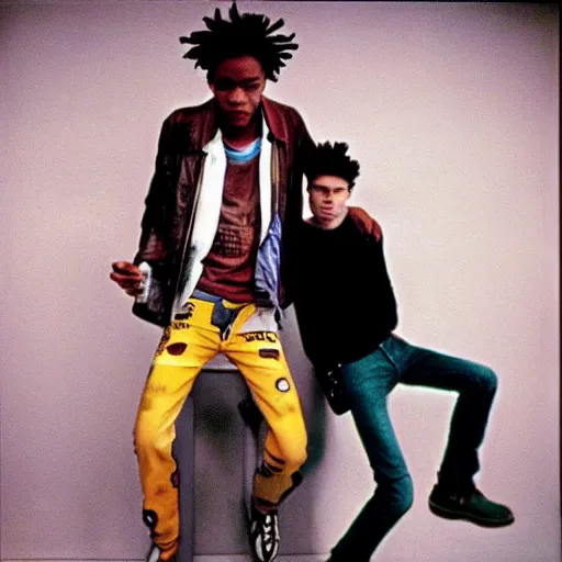 Prompt: basquiat with kurt cobain photographed by annie leibovitz in a hi end photo studio, color, photorealistic