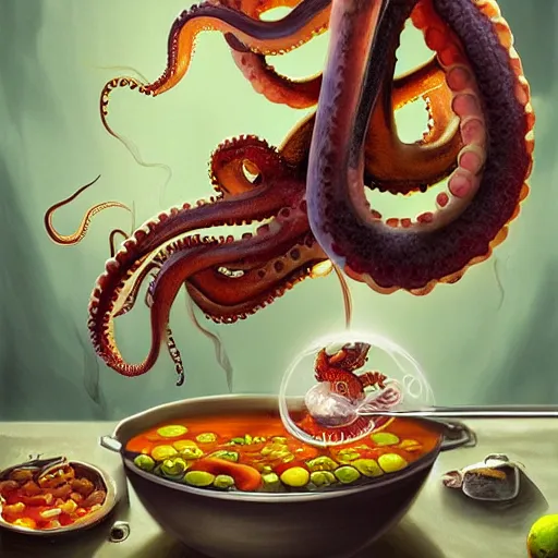 Prompt: an octopus cooking soup, stirring a pot with a ladle and cutting vegetables, fantasy illustration, trending on artstation, deviantart, very realistic, 4k