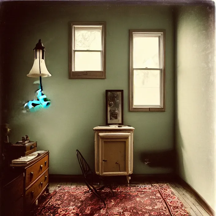 Image similar to kodak portra 4 0 0, wetplate, fisheye, award - winning portrait by britt marling, 1 9 2 0 s porch, ghost, picture frames, shining lamps, dust, smoke, 1 9 2 0 s furniture, wallpaper, carpet, books, muted colours, wood, fog,