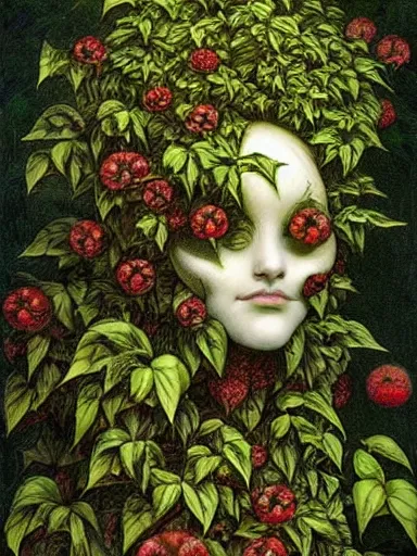 Image similar to The Hanging-Gardens of Pareidolia, ivy, verbena and pothos growing facial features and optical-illusions!!!!!, aesthetic, by Gerald Brom in the style of Johfra Bosschart in the style of,