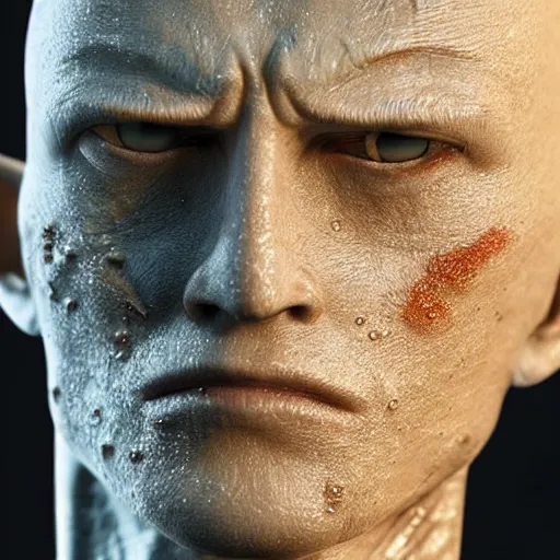 Image similar to photo taken of an epic intricate, ultra detailed, super realistic gritty, wet, lifelike sculpture of saitama from one ounch man with patches of skin created by weta workshop, zoomed in shots, subsurface scattering, photorealistic, sharp focus, white wall coloured workshop, cold colour temperature, f 0. 4, face centred, golden ratio
