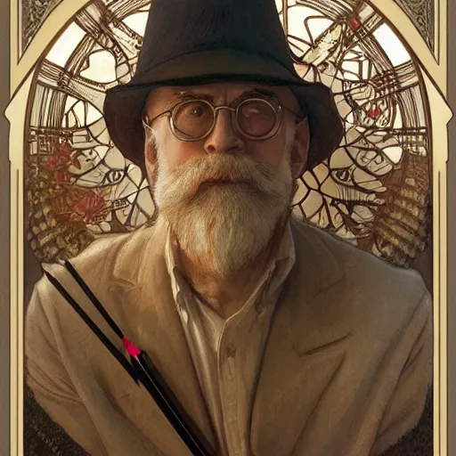 Image similar to beautiful lifelike award winning pencil illustration of terry pratchett trending on art station artgerm greg rutkowski alphonse mucha museum quality cinematic atmospheric