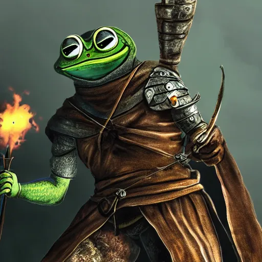 Image similar to Gavlan from Dark Souls 2 duelling Pepe the frog in melee combat