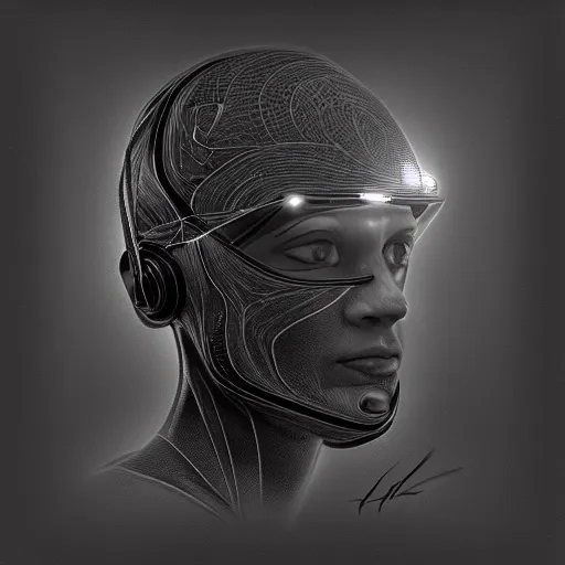 Image similar to holographic headset interface painted in cameron gray style drawn by oku, inspired by ooioo, intricate 3 d sculpture, black and white, 3 d, high detail, sharp high detail, artstation, octane
