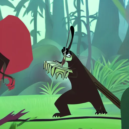 Image similar to tyrannosaurus in the jungle, genndy tartakovsky, samurai jack, studio la cachette