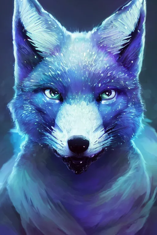 Image similar to A fancy portrait of a blue crystalized fox by Greg Rutkowski, beeple, Sung Choi, Mitchell Mohrhauser, Maciej Kuciara, Johnson Ting, Maxim Verehin, Peter Konig, final fantasy, macro lens, 35mm, 8k photorealistic, cinematic lighting, HD, high details, dramatic, dark atmosphere, trending on artstation