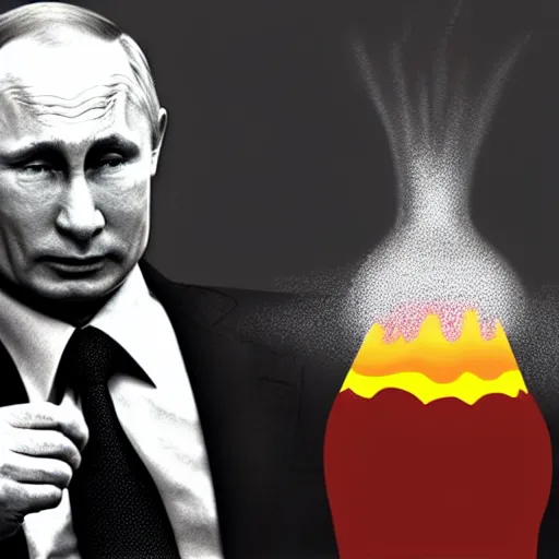 Prompt: vladimir putin flatulating a nuclear mushroom cloud from his rear, cartoonish, ultra detailed pencil art