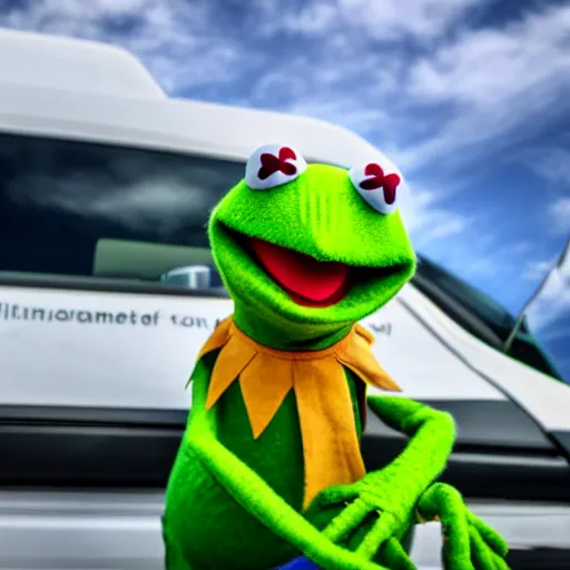 Image similar to Kermit the frog driving a semi truck 4k hd photo journalism