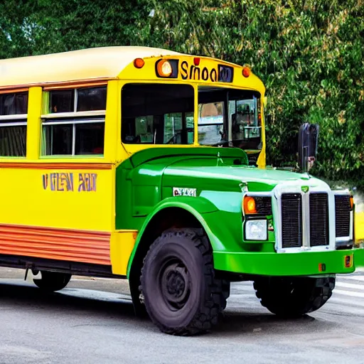 Image similar to a green school bus parked in a parking lot