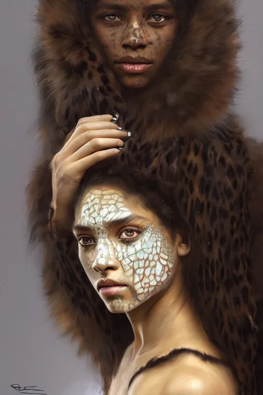 Prompt: portrait of a beautiful young aztec girl with vitiligo, wearing jaguar fur cloths, different colored eyes, curly black and brown hairs, by greg rutkowski and alphonse mucha, d & d character, gradient white to silver, highly detailed portrait, digital painting, artstation, concept art, smooth, sharp focus ilustration, artstation hq
