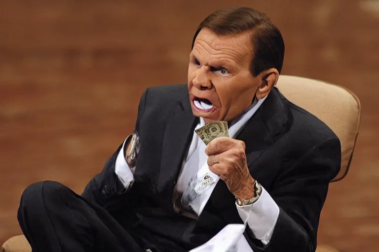 Image similar to kenneth copeland munching on money and dollar bills