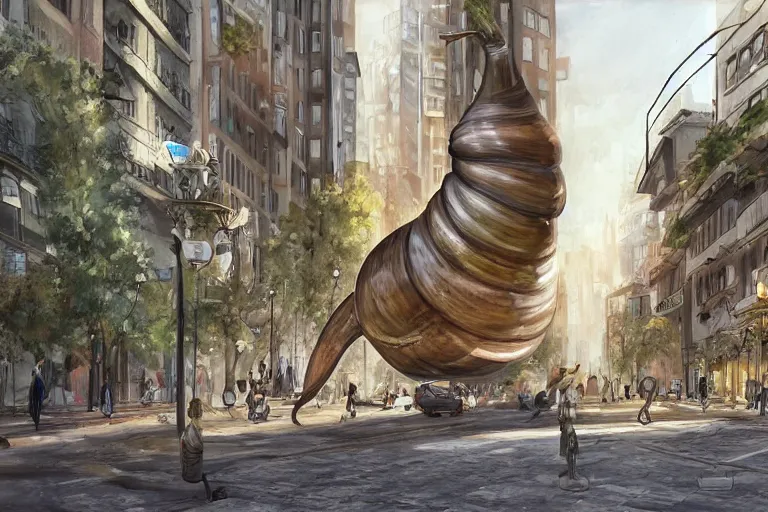 Image similar to concept art of a giant 1 0 meters high snail on the streets of a city