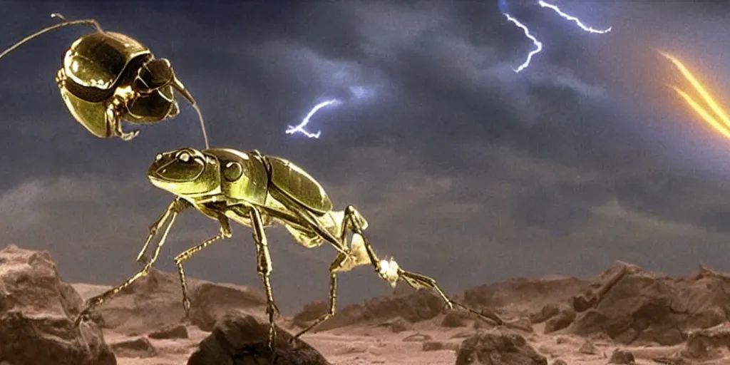 Image similar to lightning bug descendant 1 million in the future is a quadruped with big eyes. the bug wears a spacesuit, and explores the cosmos in a bug - shaped spaceship. science fiction blockbuster movie bugs save the planet or the love bug from saturn, starship troopers ( 1 9 9 7 ), up ( 2 0 0 9 )