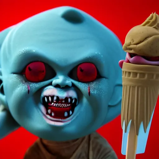 Image similar to ice cream popsicle shaped like screaming chucky doll, octane render, centered, highly detailed