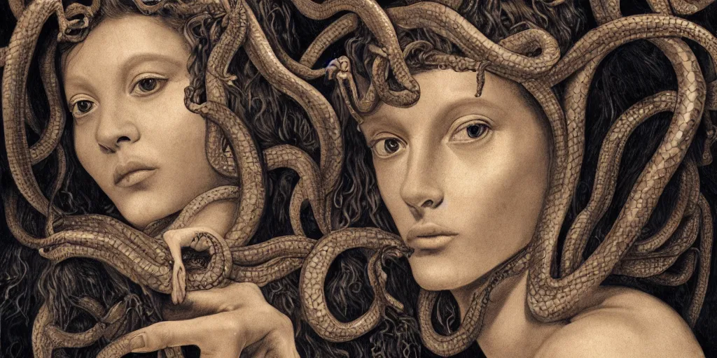 Image similar to realistic portrait of medusa with her snakes, golden, delicate, hyper realism, 1 4 5 0, ink, ultra realistic, 8 k