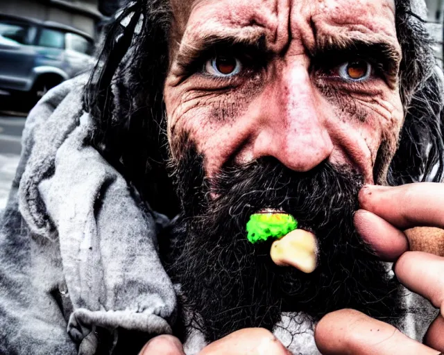 Prompt: a mouth full of bacteria. cursed image. realistic photograph. homeless man.