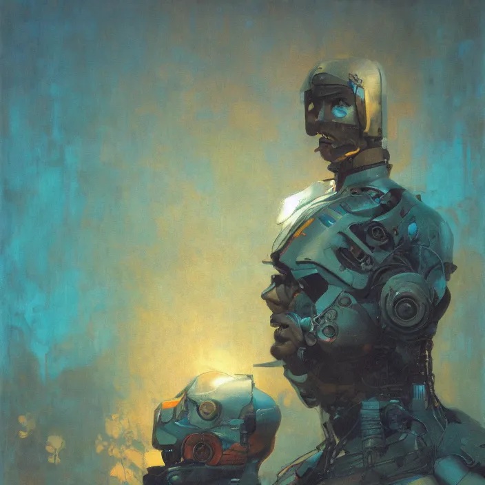 Prompt: portrait of, cinematic light, looking to the side off camera, backlight glow, teal orange, mist, by mikhail vrubel, by ( alex andreev ), by peter elson, by gerald brom, muted colors, extreme detail, trending on artstation, 8 k