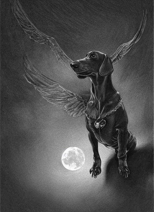 Image similar to a dachshund with angle wings, dark colors, moon in the background, sinister atmosphere, dramatic lighting, cinematic, establishing shot, extremely high detail, photo realistic, cinematic lighting, pen and ink, intricate line drawings, by Yoshitaka Amano, Ruan Jia, Kentaro Miura, Artgerm, post processed, concept art, artstation, matte painting, style by eddie mendoza, raphael lacoste, alex ross