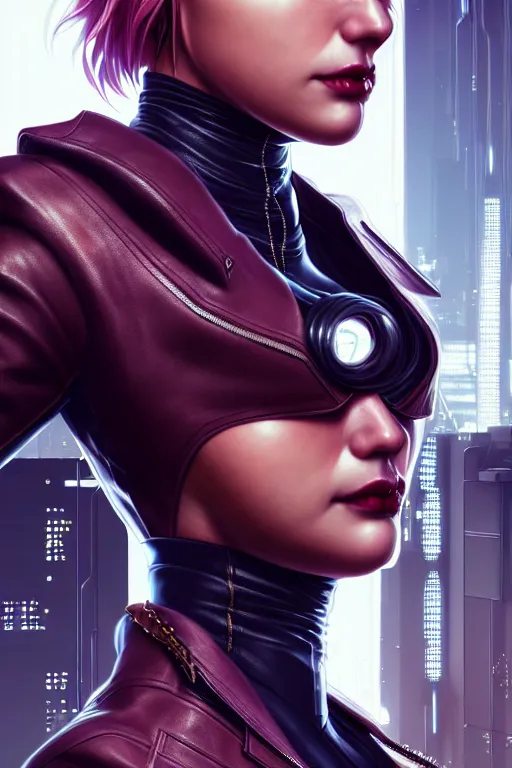 Image similar to hyperdetailed close portrait of a european woman in a leather suit with a pin in a cyberpunk city inspired by ross tran and wlop and masamune shirow and kuvshinov, concept art, intricate, photorealistic, octane render, rtx, hdr, unreal engine, dnd digital art by artgerm